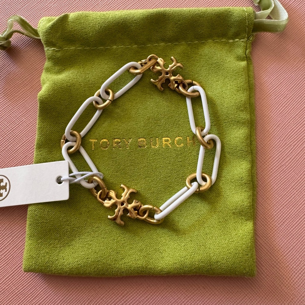 Tory Burch Gold and White Chain Bracelet